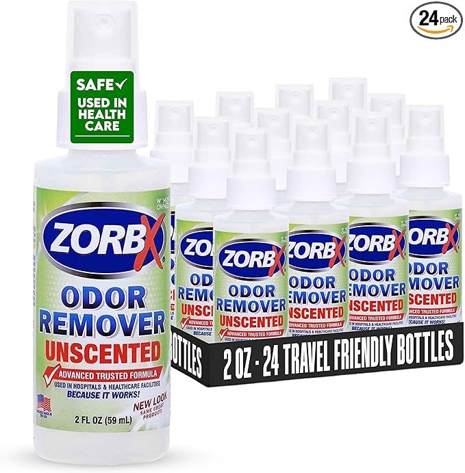 ZORBX Unscented Odor Eliminator for Strong Odor 2 Oz, Pack of 24 - Used in Hospitals & Healthcare Facilities - Advanced Trusted Formula, Fast-Acting Odor Remover Spray for Dog, Cat, House & Carpet