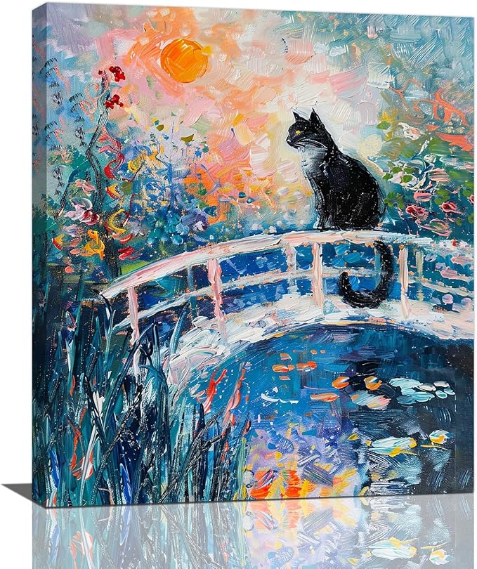 Quorin Black Cat Wall Art Water Lily Sunset Pictures Cat Wall Decor Impressionism Canvas Print Painting Artwork for Bathroom Living Room Bedroom 20"x24"