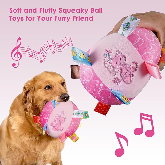Dog Squeaky Plush Toy with Straps, 6-Inch Soft Stuffed Ball with Cotton Material and Bell Built-in, Pet Interactive Fetch Toy for Small to Large Dog