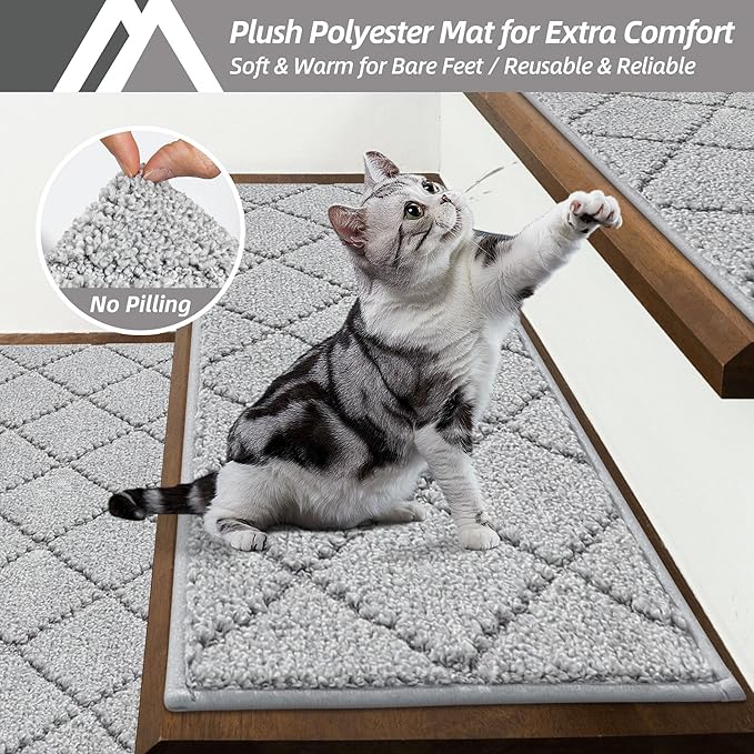 COSY HOMEER Edging Stair Treads Non-Slip Carpet Mat 28inX9in Indoor Stair Runners for Wooden Steps, Edging Stair Rugs for Kids and Dogs, 100% Polyester TPE Backing (4pc, Grey)