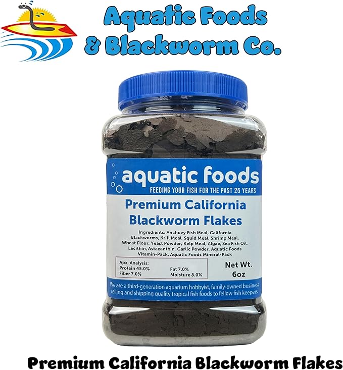 Aquatic Foods Inc. California Blackworm 45% Protein Premium Flakes for Discus, Cichlids, All Tropical Fish Also Pellet Mix, Wafer Mix Included…6oz