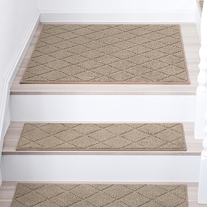 COSY HOMEER Edging Stair Treads Non-Slip Corner Indoor Stair Runners for Wooden Steps,Landing Slip Resistant Stair Rugs Mat for Kids and Dogs,100% Polyester TPE Backing,Beige,30x30 inch
