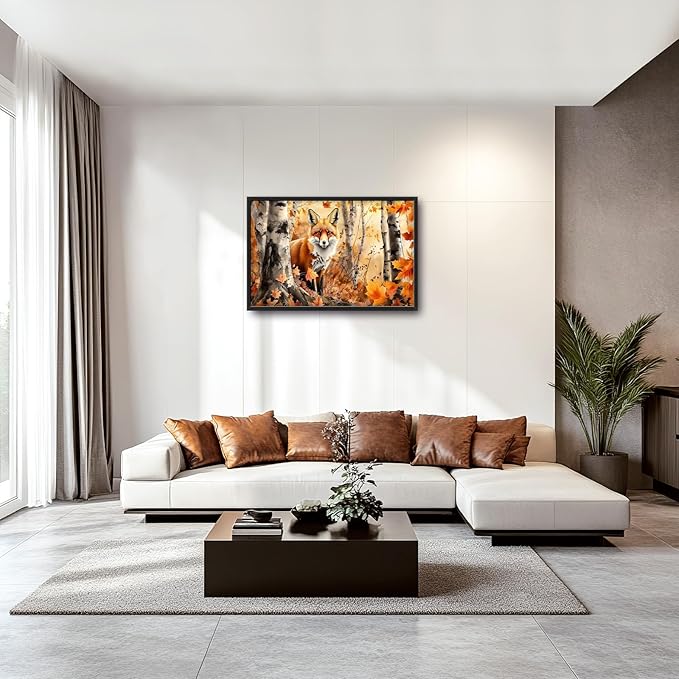Large Fox Wall Art for Living Room, Framed Oversized Fall Autumn Forest Wall Decor Tree Maple Leaves Canvas Painting Modern Artwork for Living Room Bathroom Bedroom Office Dining Room 36"x24"