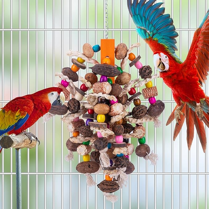Deloky Large Parrot Bird Chewing Toys, Natural Nuts Corn Parrot Tearing Toy, Wooden Bird Cage Toy for African Grey, Macaws Cokatoos, Amazon Parrots and Other Large Birds