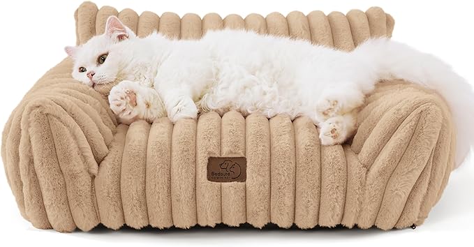 Bedsure Cute Cat Couch for Pets - Fluffy Cat Sofa with Premium Soft Corduroy Fleece, Fuzzy Pet Couch Bed with Removable Washable Cover, Supportive Pet Chair for Indoor Cats, 24inch, Tuscan Beige
