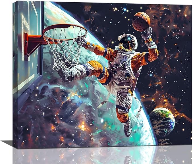 Quorin Astronaut Wall Art Funny Spaceman Basketball Pictures Space Galaxy Planet Wall Decor Canvas Print Painting Artwork for Bathroom Living Room Bedroom 20"x24"