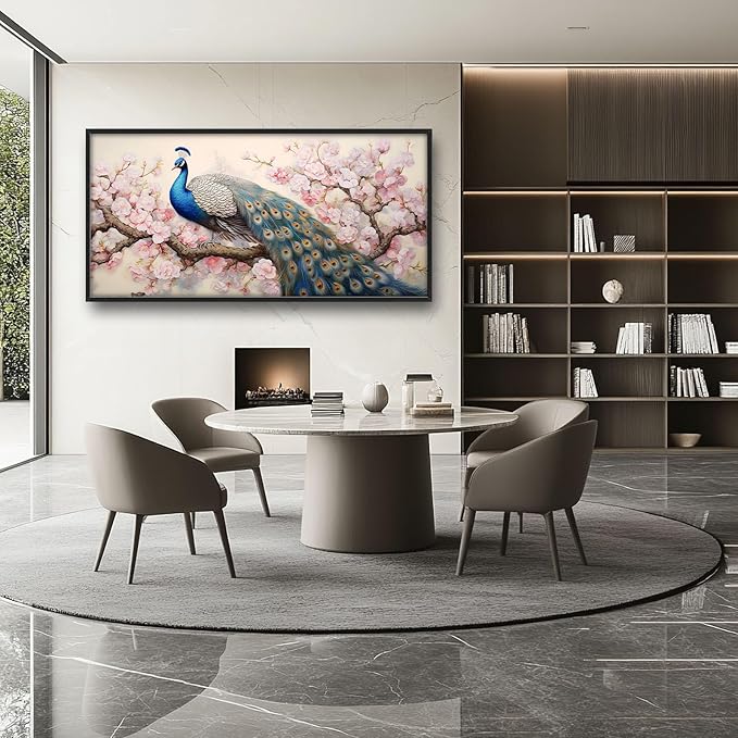 Quorin Peacock Large Wall Art Elegant Peacock Pictures Wall Decor Pink Flower Tree Canvas Print Painting Artwork for Bathroom Living Room Bedroom 60L x 30W