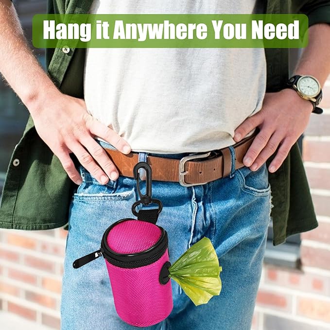 Dog Poop Bag Dispenser for Leash Attachment - Portable Set With Waste Bags & Hand-Free Carrier, Fits Any Leash, Round, Pink