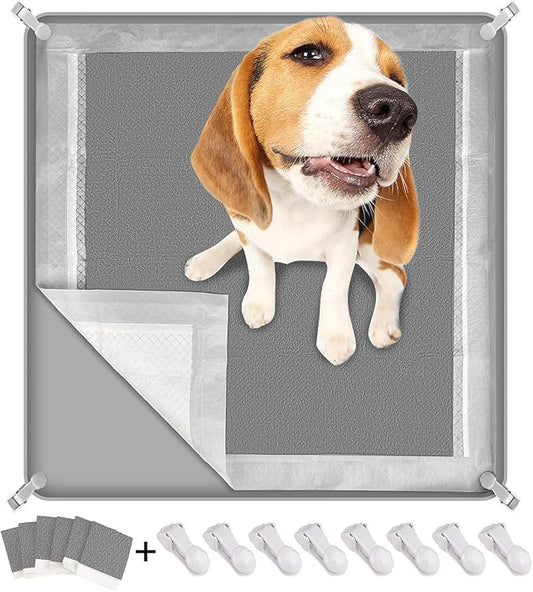 Dog Pee Pad Holder, Puppy Pad Holder Tray for 24'' x 24'' Training Pads, 15pcs Dog Potty Tray Set Include High Edge Silicone Mat & 6 Activated Charcoal Disposable Puppy Pads & 8 Holder Clamps