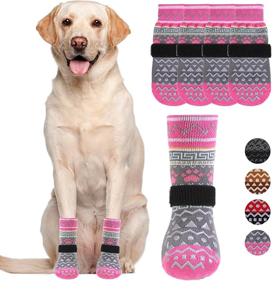 KOOLTAIL Dog Socks to Prevent Licking Paws for Hardwood Floors Anti Slip, Winter Warm Pet Boots&Paw Protector with Grippers, Double Sides Dog Shoes Booties for Small Medium Large Senior Dogs Pink S