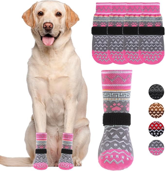 KOOLTAIL Dog Socks to Prevent Licking Paws for Hardwood Floors Anti Slip, Winter Warm Pet Boots&Paw Protector with Grippers, Double Sides Dog Shoes Booties for Small Medium Large Senior Dogs Pink M