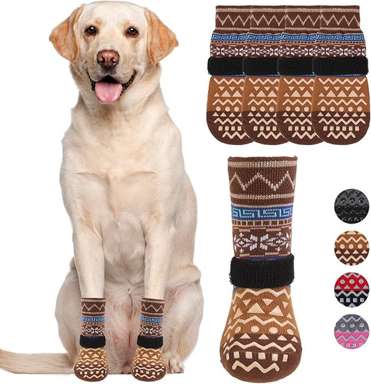 KOOLTAIL Dog Socks to Prevent Licking Paws for Hardwood Floors Anti Slip, Winter Warm Pet Boots&Paw Protector with Grippers, Double Sides Dog Shoes Booties for Small Medium Large Senior Dogs Khaki M
