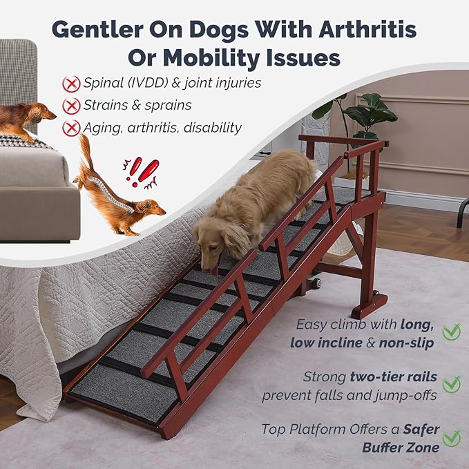Dog Ramp for Bed or Couch, Wooden Pet Ramp with 20° Gentle Slope, Removable Side Rails, Non-Slip Surface, Top Platform & Wheels, Safe Bed Ramp for Small, Medium & Senior Dogs, 60" Long, Mahogany