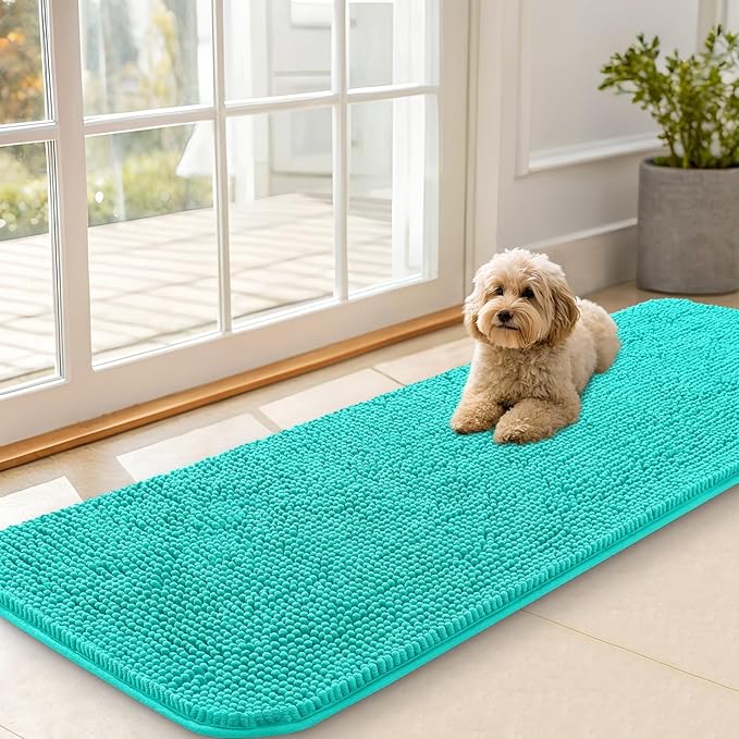 OLANLY Dog Door Mat for Muddy Paws 59x20, Absorbs Moisture and Dirt, Absorbent Non-Slip Washable Doormat, Quick Dry Chenille Mud Mat for Dogs, Entry Indoor Entryway Carpet for Inside Floor, Teal