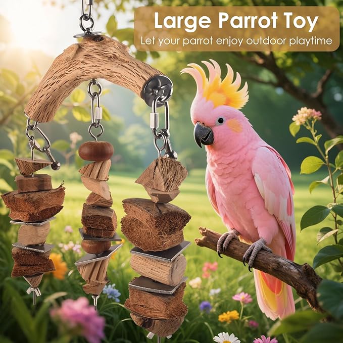 Bird Parrot Toys, Large Birds Wooden Chew Blocks with Stainless Steel Cage Hanging Bite Toy for Macaws, African Greys, Cokatoos, Amazon Parrots and Small Medium Parakeets