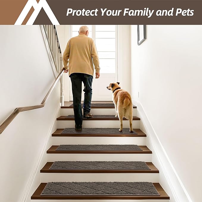 COSY HOMEER Edging Stair Treads Non-Slip Carpet Mat 28inX9in Indoor Stair Runners for Wooden Steps, Edging Stair Rugs for Kids and Dogs, 100% Polyester TPE Backing (7pc, Brown)