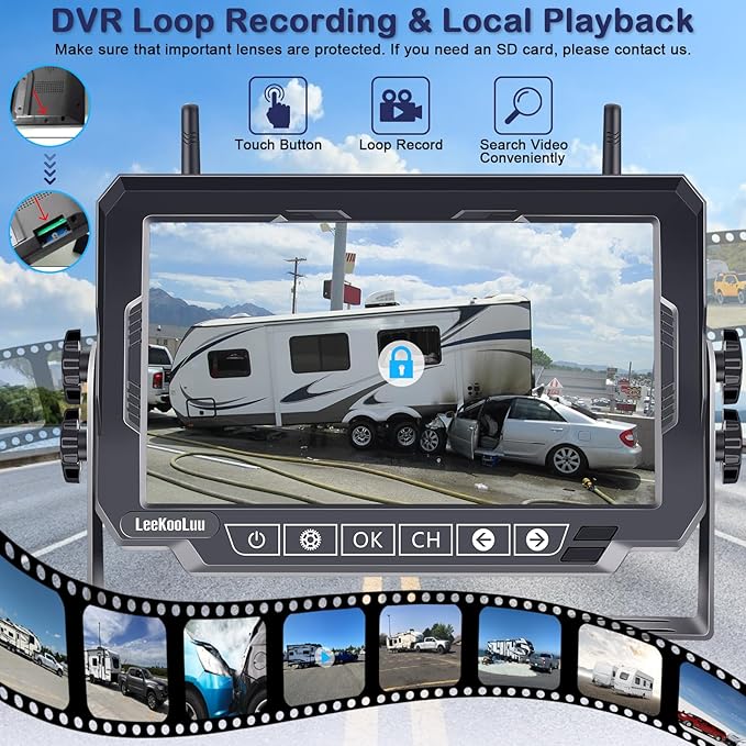 Dual RV Backup Cameras Wireless - Ease Install Plug-Play Recording HD 1080P 7'' Touch Key Monitor Trailer Truck Rear View Cam Night Vision Signal No-Delay 4 Channels for Furrion Pre-Wired Mount