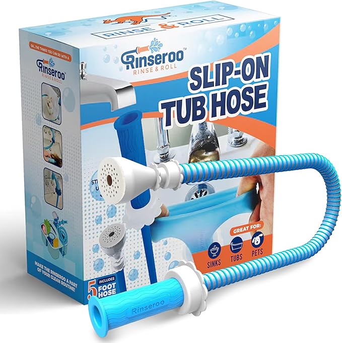 Rinseroo: Slip-On Tub Hose – As Seen on Shark Tank – 5ft Flex Bathtub Faucet Sprayer – Easy Rinse for Pets, Hair & Cleaning – No Installation Needed – Fits Faucets Up to 3” Wide – Mess-Free & Portable