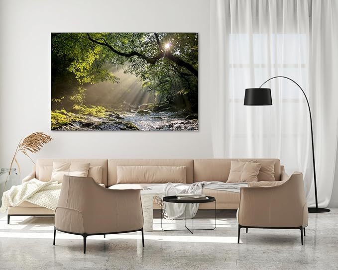 Nature Wall Art Prints - Ocean Forest Mountain Lake Canvas Landscapes - Small to Extra Large Living Room Bedroom Kitchen Bathroom Décor (Rocky River in the Woods, 35L" x 53W")