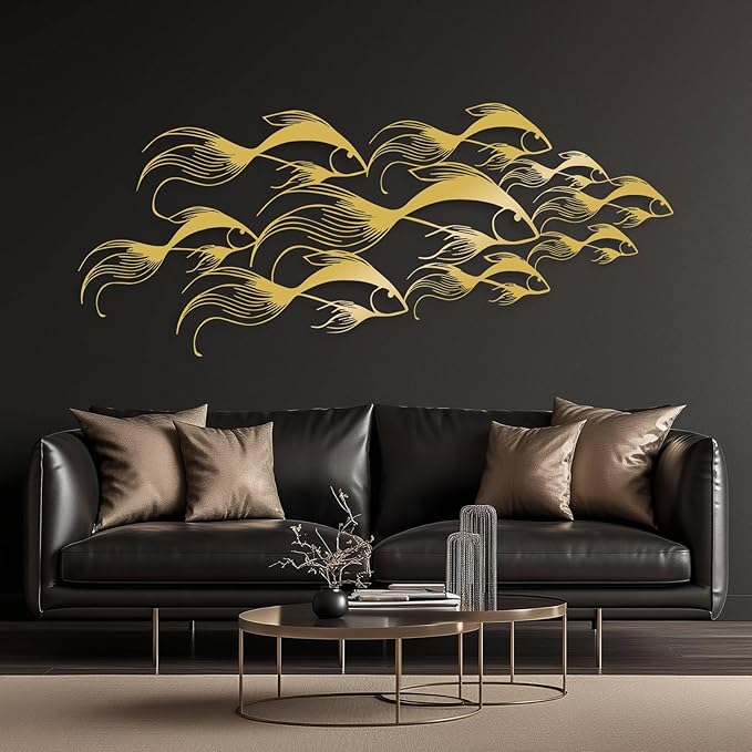 School of Fish Metal Wall Art, Metal Fish Wall Decor, Sea Life Wall Art, Large Nautical Wall Hanging, Modern Beach House Wall Decor, Ocean Themed Artwork for Bathroom (Silver, 48"x20" | 121x51cm)