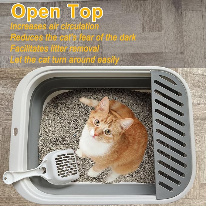 Low Entry Kitten Litter Box, Collapsible Shallow Litter Box Senior Cats Anti-Splashing Kitty Training Open Potty Pan Scoop Leak-Proof Pedal Cat Toilet No Smell Easy Clean