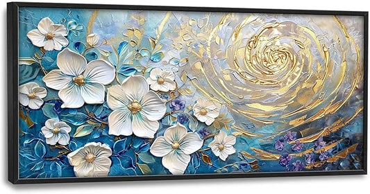 Flower Large Wall Art White Floral Pictures Abstract Golden Spiral Texture Wall Decor Canvas Print Painting Artwork for Bathroom Living Room Bedroom 60L" x 30W"