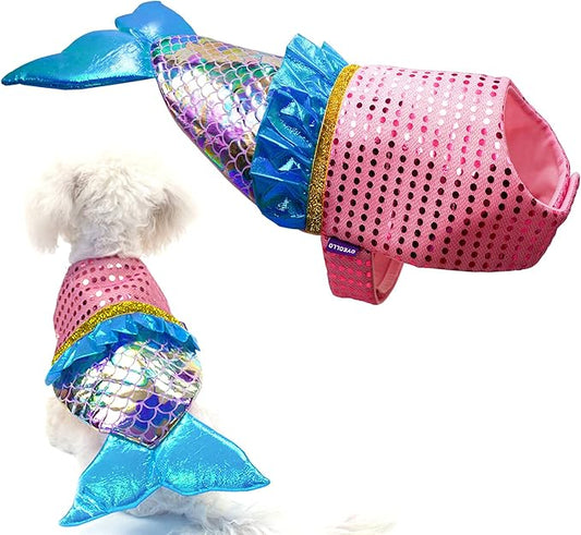 cyeollo Mermaid Dog Halloween Costumes Cute Dog Costume Sequin Birthday Party Pet Clothes Outfit Dressing Up Pet Costumes for Medium Dogs Size L