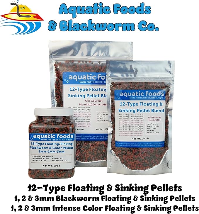 Aquatic Foods Inc. 12-Type Ultra Mix of 1mm, 2mm, 3mm Floating & Sinking California Blackworm and Intense Coloring Pellets for All Tropical Fish & Pond Fish...1/2-lb Bag
