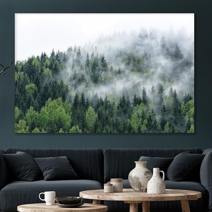 Nature Wall Art Prints - Ocean Forest Mountain Lake Canvas Landscapes - Small to Extra Large Living Room Bedroom Kitchen Bathroom Décor (Pine Trees in Fog, 31L" x 47W")