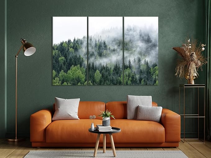 Nature Wall Art Prints - Ocean Forest Mountain Lake Canvas Landscapes - Small to Extra Large Living Room Bedroom Kitchen Bathroom Décor (Pine Trees in Fog, 35L" x 53W" - 3 Panels)