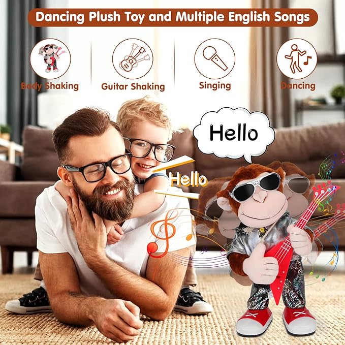Dancing Monkey Plush Toy, Stuffed Toys, Dancing Singing, Body Shaking, and Guitar Shaking, Punk Molding, One Button Control, Children's Education Toys, Musical Intelligence Development