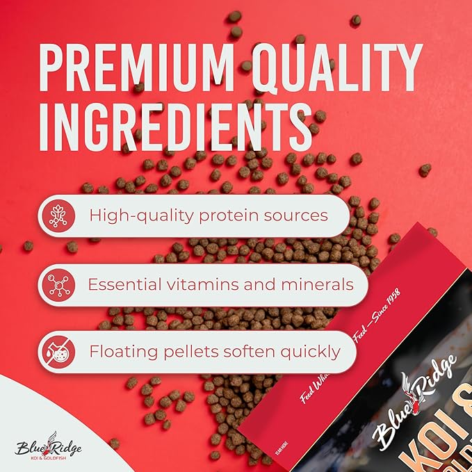 Blue Ridge Koi Fish Food 2lb - Koi Food 3/16” Large and Mini Blend Growth Formula, Goldfish Food, Premium Fish Food for Ponds, Ponds Fish Food, Floating Pond Pellets