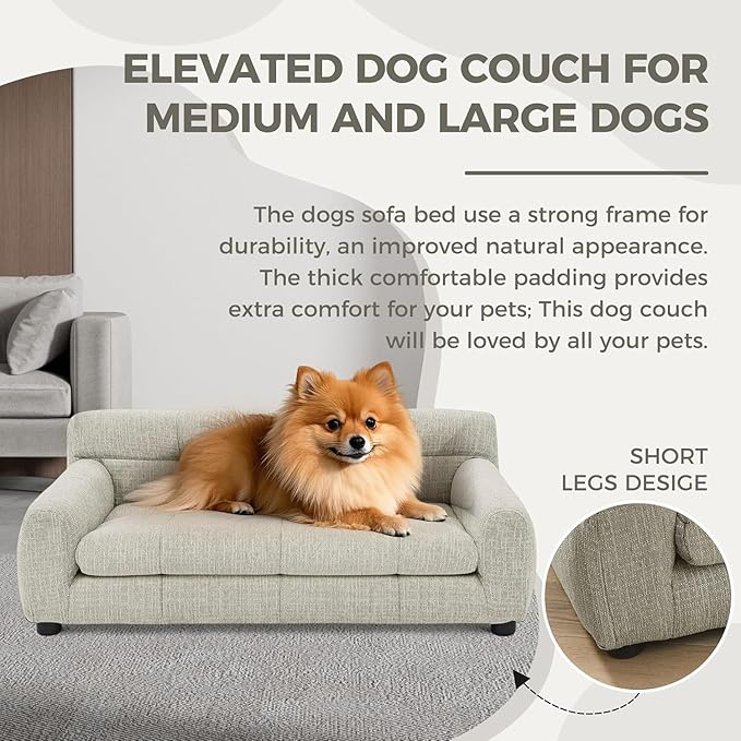Dog Couch Bed, Mini Sofa for Dogs with Backrest and Armrest, Durable Pet Sofa with Soft Foam Cushion, Elevated Dog Couch Bed with Legs for Medium and Large Dogs, Beige