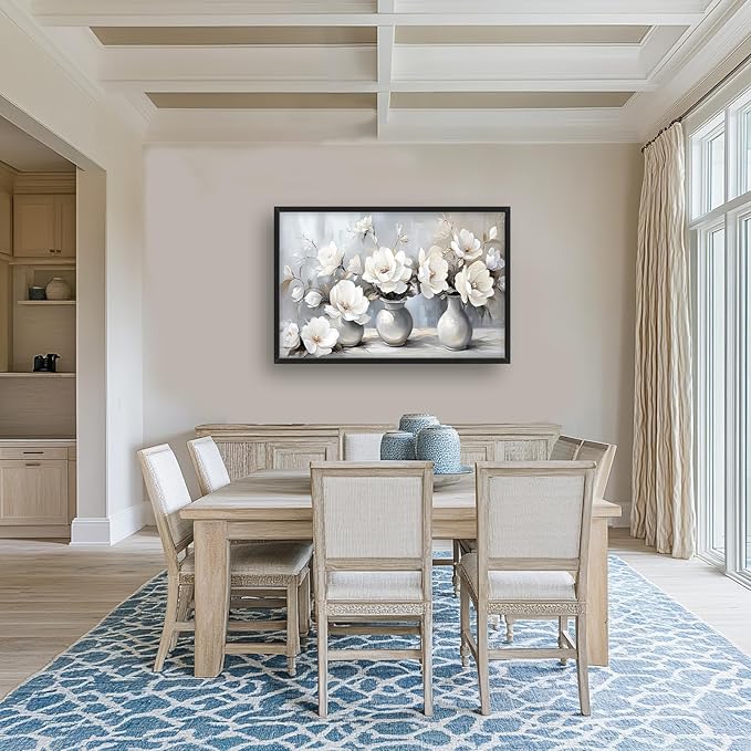Large Farmhouse Floral Wall Art for Living Room, Framed Oversized White Flower Vase Wall Decor Grey Floral Canvas Painting Pictures Modern Artwork for Bathroom Bedroom Office Dining Room 36"x24"