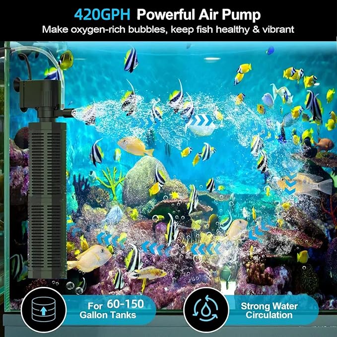 Aquarium Filter for 60-150 Gallons - Adjustable Flow Fish Tank Filters 420GPH Ultra-Quiet Submersible Power Pump Internal Filter with Biochemical Filtration Air Supply Water Clean