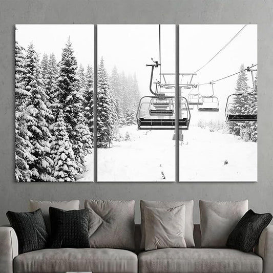 Nature Wall Art Prints - Ocean Forest Mountain Lake Canvas Landscapes - Small to Extra Large Living Room Bedroom Kitchen Bathroom Décor (Ski Lift on Snowy Mountain, 35L" x 53W" - 3 Panels)