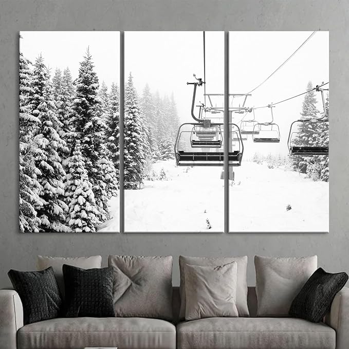 Nature Wall Art Prints - Ocean Forest Mountain Lake Canvas Landscapes - Small to Extra Large Living Room Bedroom Kitchen Bathroom Décor (Ski Lift on Snowy Mountain, 31L" x 47W" - 3 Panels)
