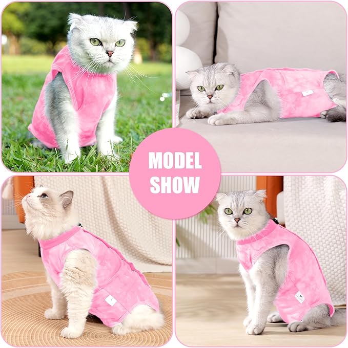Cat Recovery Suit for Male and Female Surgical Post Surgery Soft Cone Onesie Tie Dye Cats Shirt Clothes Neuter Licking Protective Diapers Outfit Cover Kitten Spay Collar Alternative(Pink, M)
