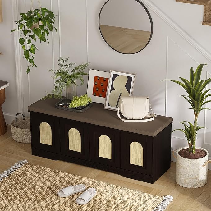 DINZI LVJ Shoe Bench, Entryway Storage Bench with Doors, Cushion, 2-Tier Shoe Rack with 8-Cubby, 47.2”L x 13.8”W Shoe Organizer Cabinet, Adjustable Shelf, Living Room, Bedroom, Espresso with Rattan