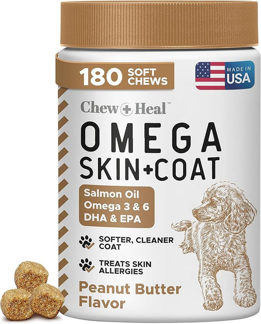 Omega for Dogs - 180 Delicious Soft Chews - Salmon Oil Treats for Skin and Coat, Itch Relief - Fish Oil Blend of Essential Fatty Acids, Omega 3, 6, and 9, and Vitamins - Peanut Butter Flavor