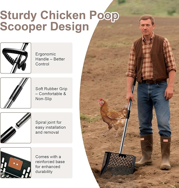Chicken Poop Scooper - Metal Sifting Shovel & Rake 2-in-1 with Adjustable Stainless Steel Handle (37"-65"), Sand Shovel for Chicken Coops, Farm Animal Waste