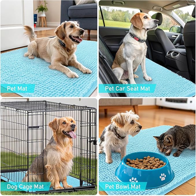 OLANLY Dog Door Mat for Muddy Paws 40x32, Absorbs Moisture and Dirt, Absorbent Non-Slip Washable Doormat, Quick Dry Chenille Mud Mat for Dogs, Entry Indoor Entryway Carpet for Inside Floor, Blue