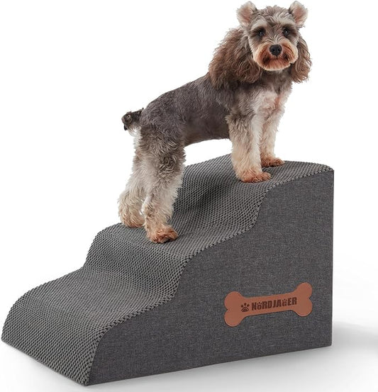 Dog Stairs 3-Step for Small Dogs and Cats to Get on Bed and Furniture/Windows, Pets Can Climb, Sit, or Perch to Look Out Windows, Extra Wide Dog Steps, Non-Slip Waterproof Fabric Cover, Grey（15.7" H）