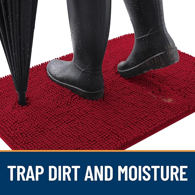 OLANLY Dog Door Mat for Muddy Paws 30x17, Absorbs Moisture and Dirt, Absorbent Non-Slip Washable Doormat, Quick Dry Chenille Mud Mat for Dogs, Entry Indoor Entryway Carpet for Inside Floor, Red