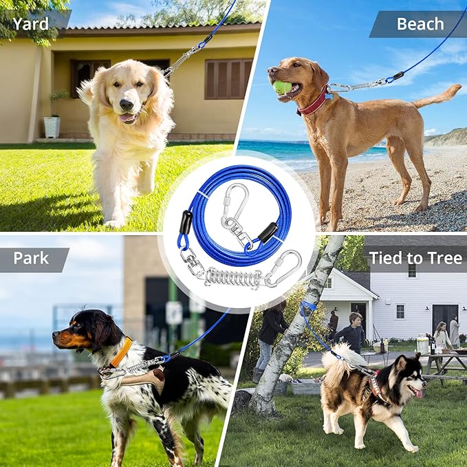 Jenico Dog Tie Out Cable, 10-150FT Runner Cable with Swivel Hook and Shock Spring, Yard and Camping Dog Leash Tether for Small to Medium Pets Up to 500 LBS