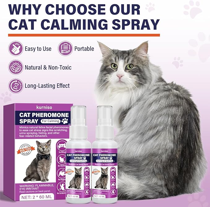 Cat Calming Pheromone Spray, 2 Pack, Calming Spray for Cat Anxiety Relief, Reduce Stress, Hiding & Scratching Furniture - During Travel, Fireworks, Thunder, 60 ML