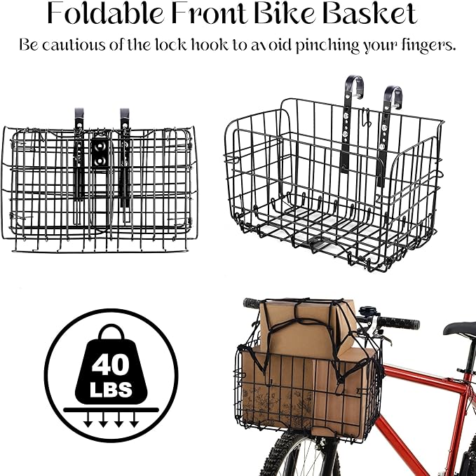 Aodaer Bike Basket with Removable Liner Bag Cargo Net Large Folding Bike Basket Quick Release Metal Ebike Basket Bicycle Storage Basket for Carrying Fruit & Grocery Pets Dogs