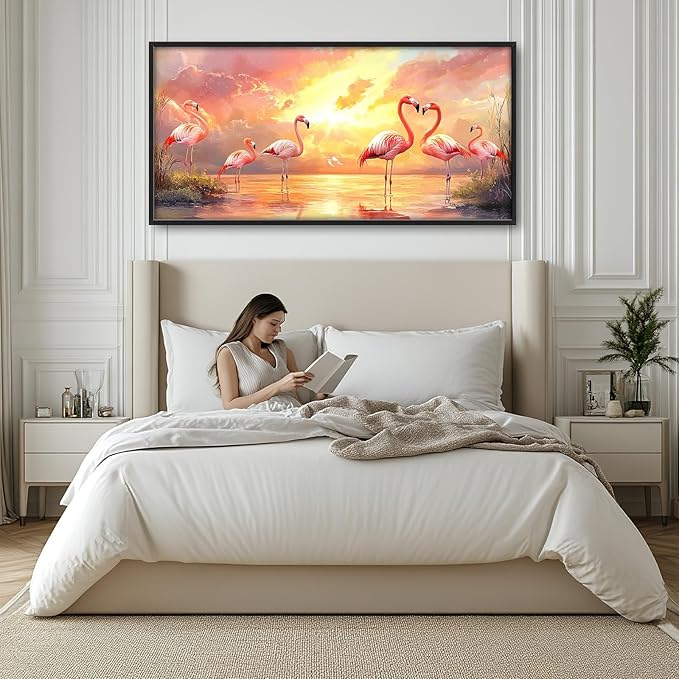Large Flamingo Wall Art for Living Room, Framed Oversized Sunset Lake Wall Decor Landscape Canvas Painting Pictures Modern Artwork for Living Room Bathroom Bedroom Office Dining Room 60"x30"
