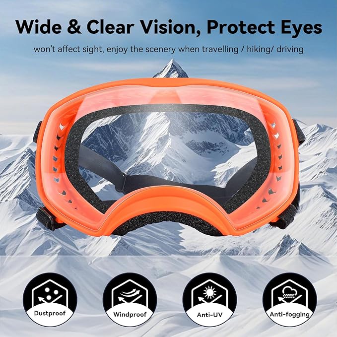 Dog Sunglasses UV Protection Clear Dog Goggles Windproof Glasses with Elastic Straps for Medium-Large Breed, Orange Frame + Clear Lens