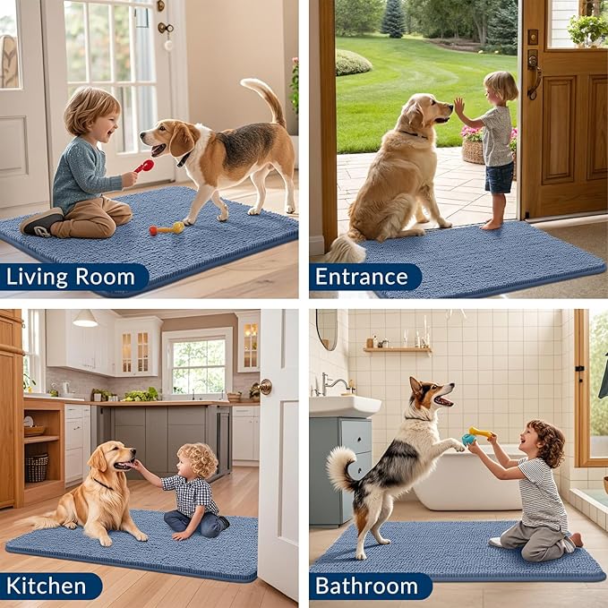 Smiry Dog Door Mat for Muddy Paws 48x30, Absorbs Moisture and Dirt Doormat, Non-Slip Washable Quick Dry Chenille Front Door Mat Indoor Entrance, Entryway Carpet for Inside Floor, Airy Blue